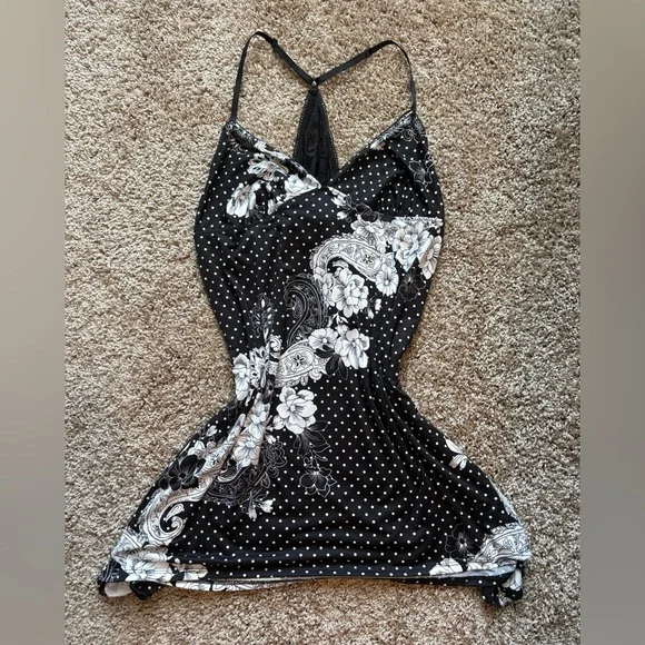Secret Treasures Black and White Polka Dotted Floral Slip Dress - Picture 1 of 6